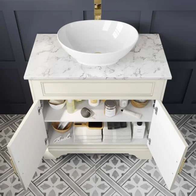 Lucia Chalk White Vanity with Marble Top & Oval Counter Top Basin 840mm - Brass Knurled Handles