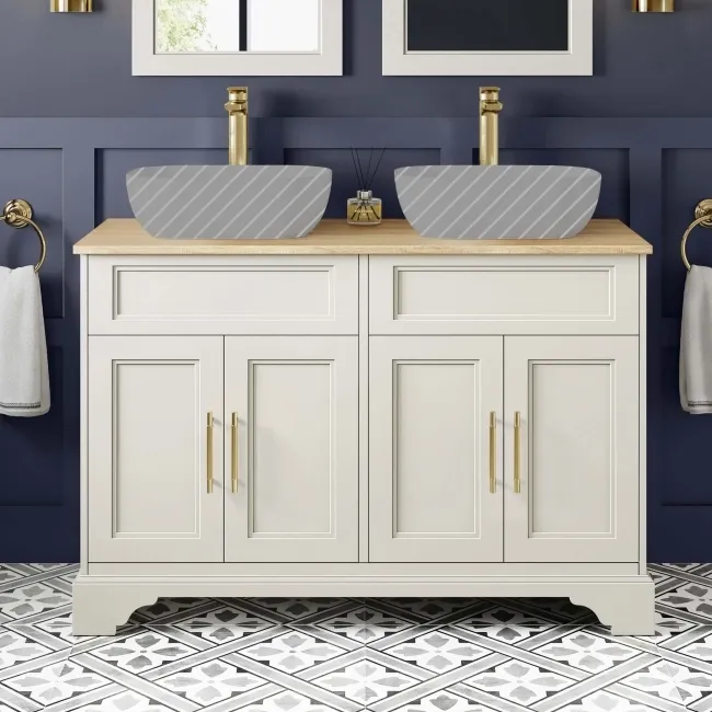 Lucia Chalk White Cabinet with Oak Effect Top 1200mm (Excludes Counter Top Basins) - Brass Knurled Handles