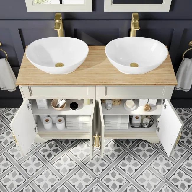 Lucia Chalk White Double Vanity with Oak Effect Top & Oval Counter Top Basin 1200mm - Brass Knurled Handles