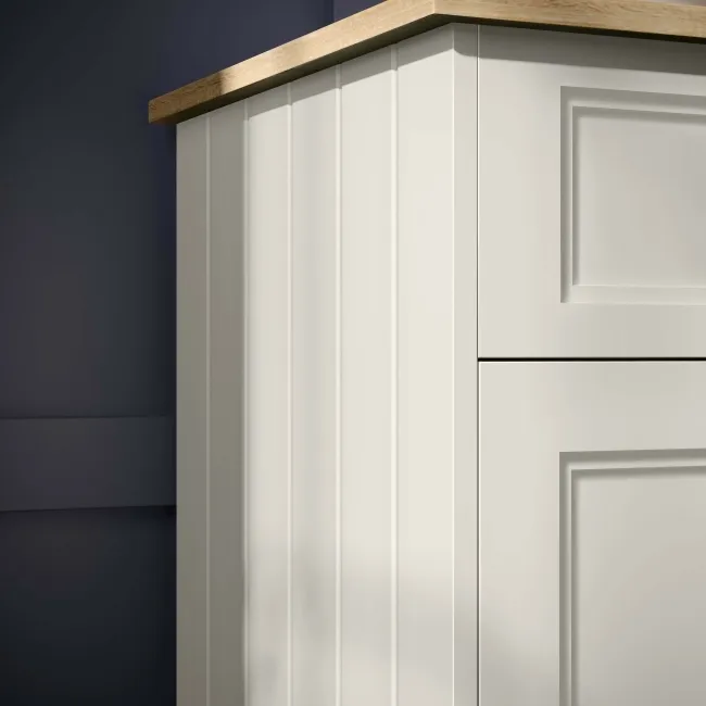 Lucia Chalk White Double Vanity with Oak Effect Top & Curved Counter Top Basin 1200mm - Brass Knurled Handles