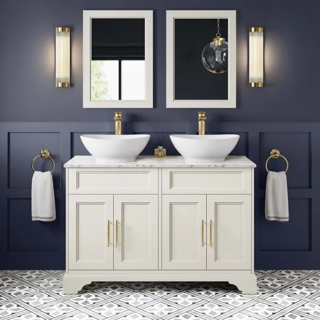 Lucia Chalk White Double Vanity with Marble Top & Oval Counter Top Basin 1200mm - Brass Knurled Handles