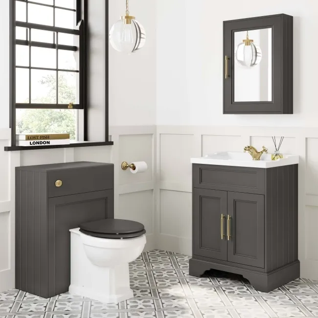 Lucia Graphite Grey Basin Vanity 630mm - Brass Knurled Handles