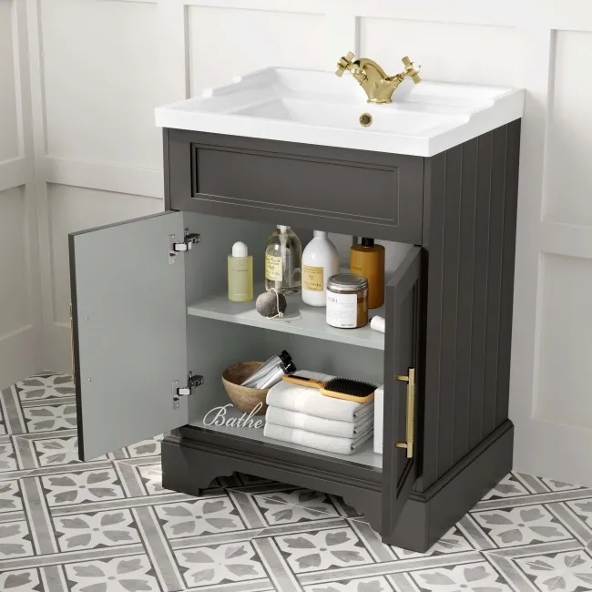 Lucia Graphite Grey Basin Vanity 630mm - Brass Knurled Handles