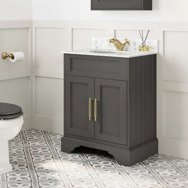 Lucia Graphite Grey Vanity with Marble Top & Undermount Basin 630mm - Brass Knurled Handles