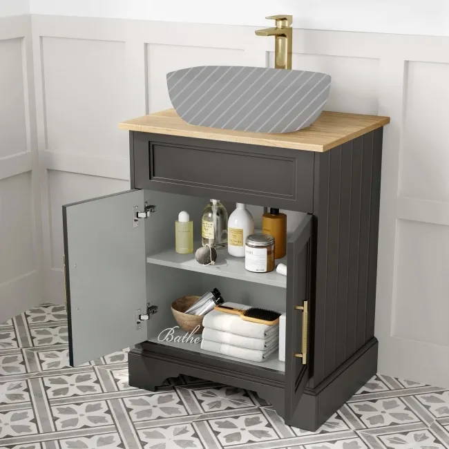 Lucia Graphite Grey Cabinet with Oak Effect Top 640mm (Excludes Counter Top Basin) - Brass Knurled Handles