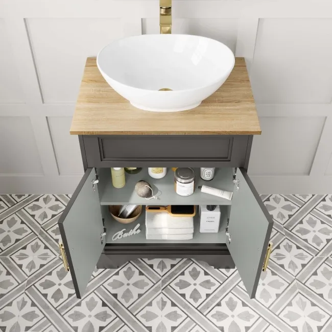 Lucia Graphite Grey Vanity with Oak Effect Top & Oval Counter Top Basin 640mm - Brass Knurled Handles