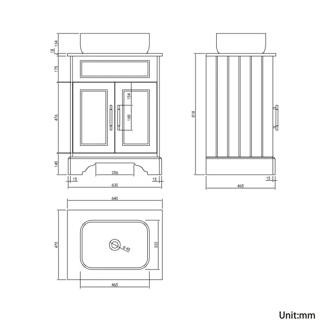 Lucia Graphite Grey Vanity with Oak Effect Top & Curved Counter Top Basin 640mm - Brass Knurled Handles