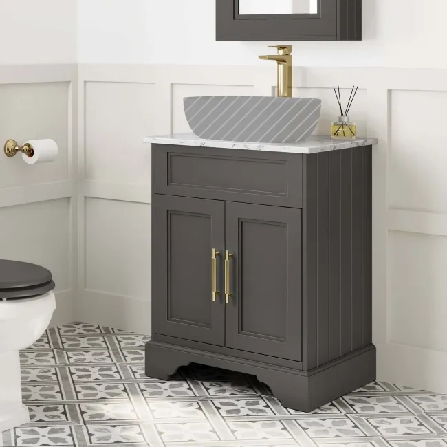 Lucia Graphite Grey Cabinet with Marble Top 640mm (Excludes Counter Top Basin) - Brass Knurled Handles
