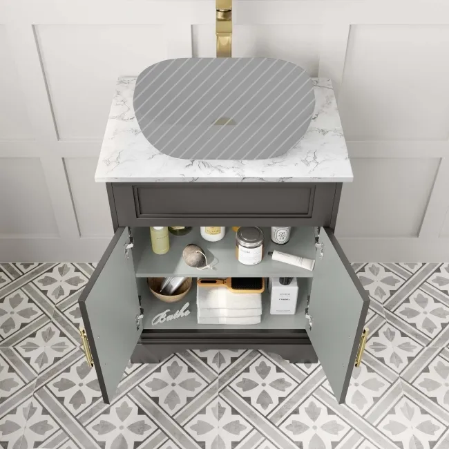 Lucia Graphite Grey Cabinet with Marble Top 640mm (Excludes Counter Top Basin) - Brass Knurled Handles