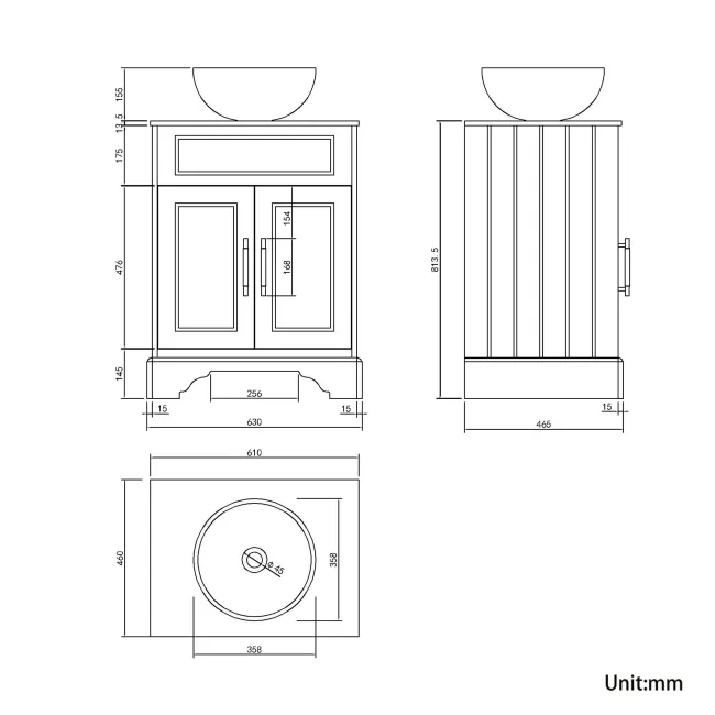 Lucia Graphite Grey Vanity with Marble Top & Round Counter Top Basin 640mm - Brass Knurled Handles