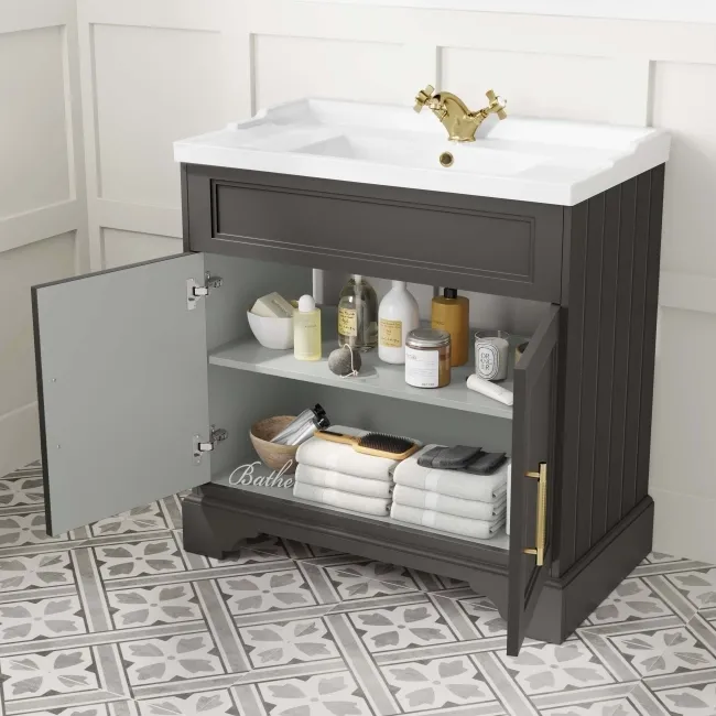 Lucia Graphite Grey Basin Vanity 830mm - Brass Knurled Handles