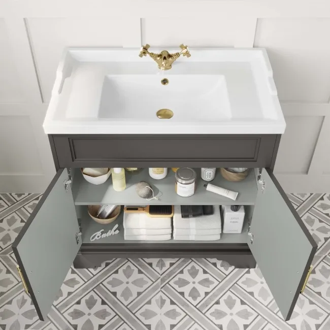 Lucia Graphite Grey Basin Vanity 830mm - Brass Knurled Handles