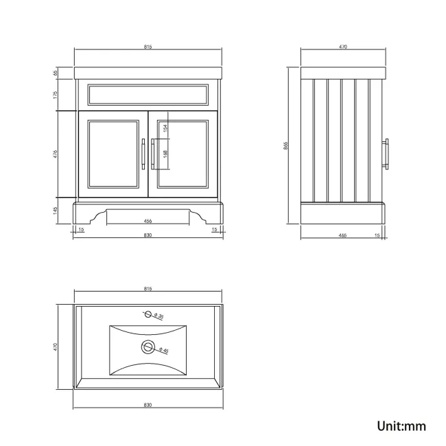 Lucia Graphite Grey Basin Vanity 830mm - Brass Knurled Handles