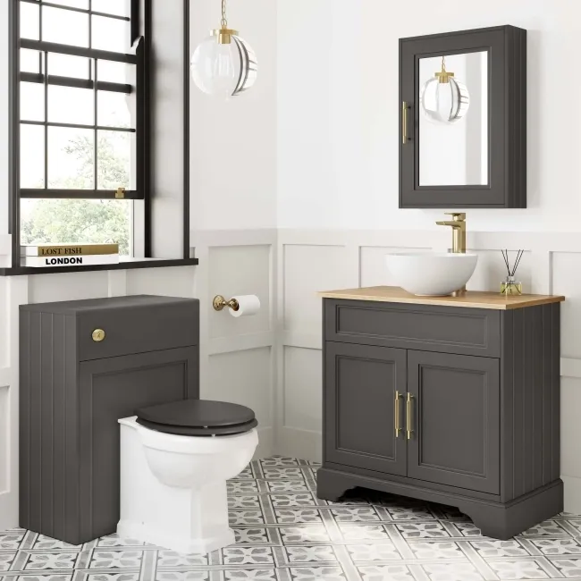 Lucia Graphite Grey Vanity with Oak Effect Top & Round Counter Top Basin 840mm - Brass Knurled Handles