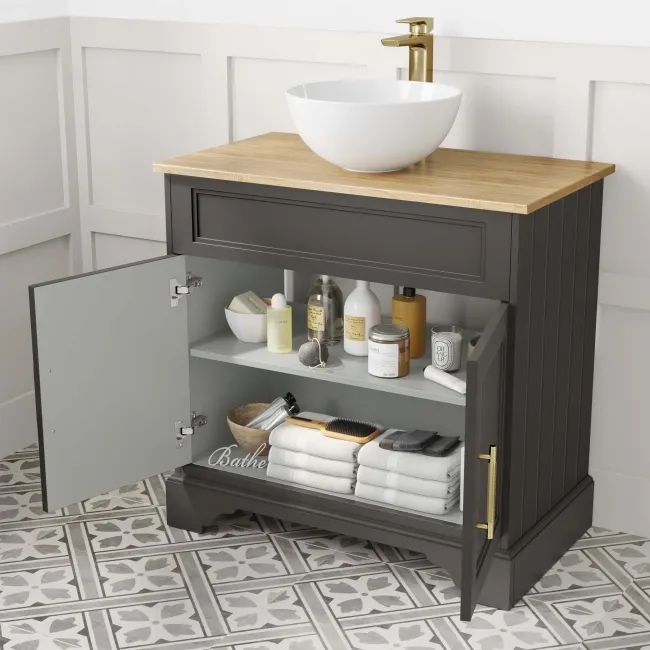 Lucia Graphite Grey Vanity with Oak Effect Top & Round Counter Top Basin 840mm - Brass Knurled Handles