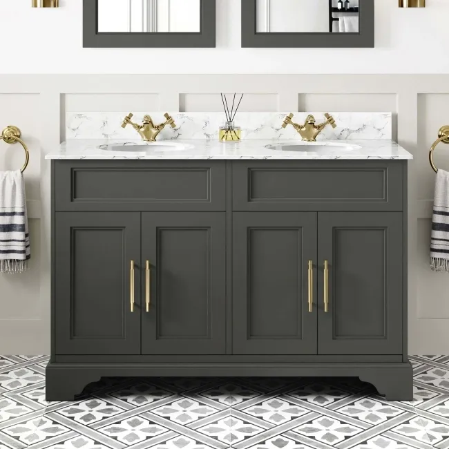 Lucia Graphite Grey Double Vanity with Marble Top & Undermount Basins 1200mm - Brass Knurled Handles