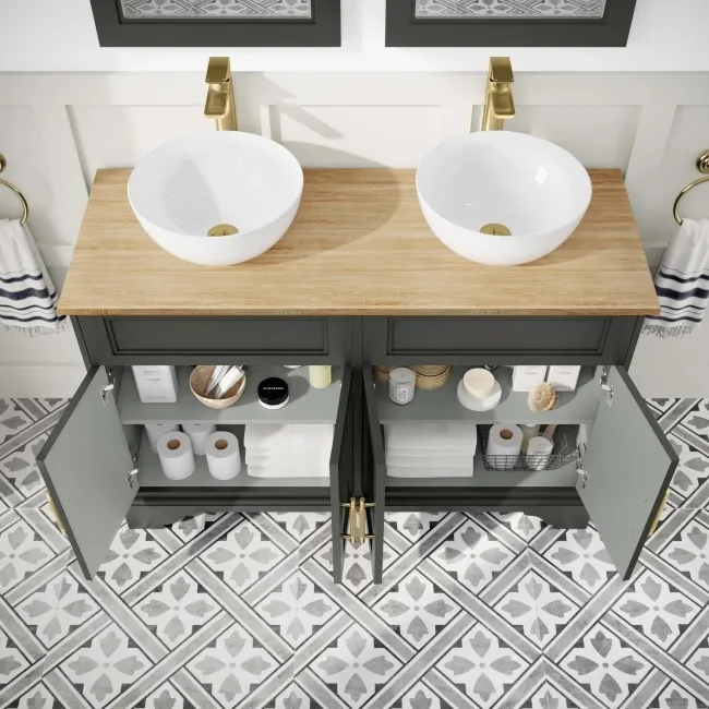 Lucia Graphite Grey Double Vanity with Oak Effect Top & Round Counter Top Basin 1200mm - Brass Knurled Handles