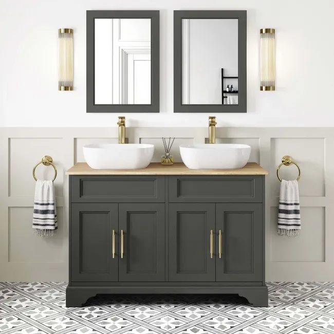 Lucia Graphite Grey Double Vanity with Oak Effect Top & Curved Counter Top Basin 1200mm - Brass Knurled Handles
