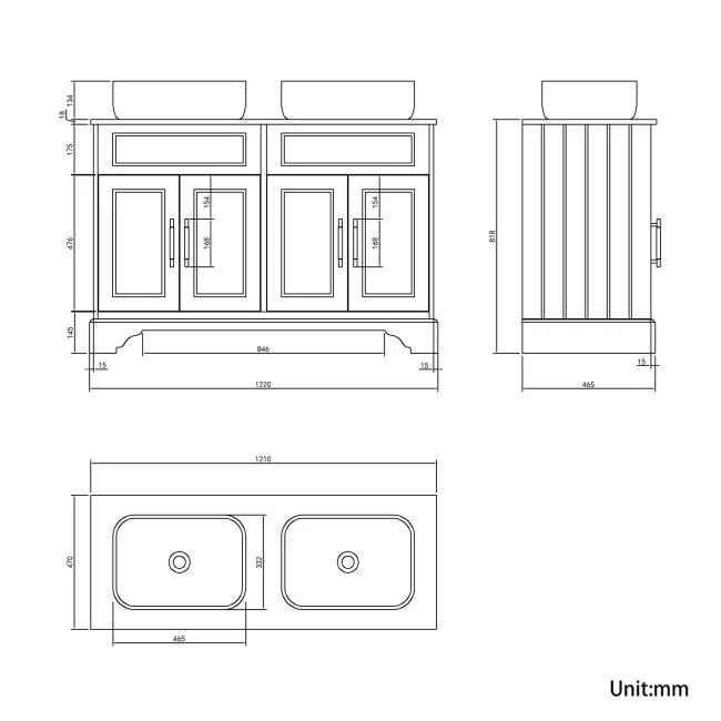 Lucia Graphite Grey Double Vanity with Oak Effect Top & Curved Counter Top Basin 1200mm - Brass Knurled Handles