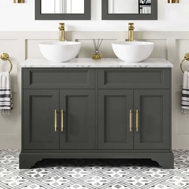 Lucia Graphite Grey Double Vanity with Marble Top & Round Counter Top Basin 1200mm - Brass Knurled Handles