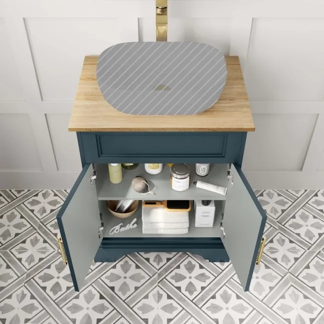 Lucia Inky Blue Cabinet with Oak Effect Top 640mm (Excludes Counter Top Basin) - Brass Knurled Handles