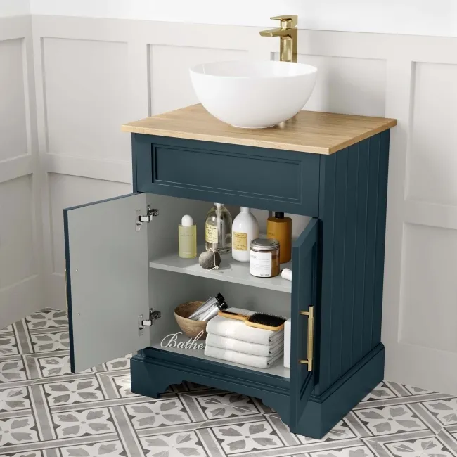 Lucia Inky Blue Vanity with Oak Effect Top & Round Counter Top Basin 640mm - Brass Knurled Handles