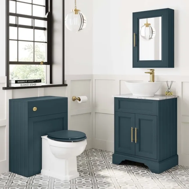 Lucia Inky Blue Vanity with Marble Top & Oval Counter Top Basin 640mm - Brass Knurled Handles