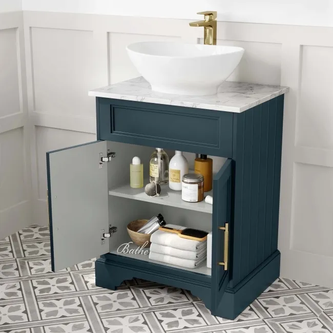 Lucia Inky Blue Vanity with Marble Top & Oval Counter Top Basin 640mm - Brass Knurled Handles