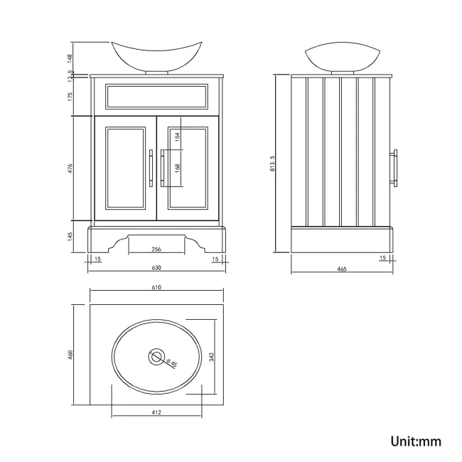 Lucia Inky Blue Vanity with Marble Top & Oval Counter Top Basin 640mm - Brass Knurled Handles
