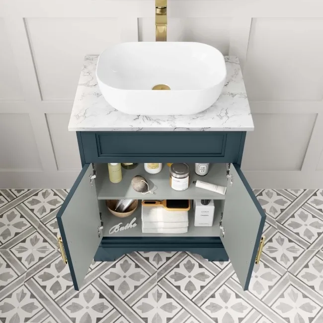 Lucia Inky Blue Vanity with Marble Top & Curved Counter Top Basin 640mm - Brass Knurled Handles