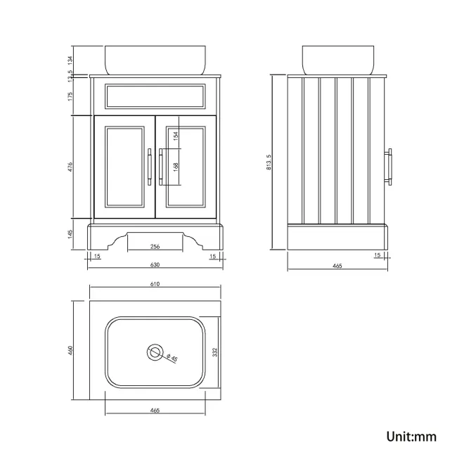 Lucia Inky Blue Vanity with Marble Top & Curved Counter Top Basin 640mm - Brass Knurled Handles