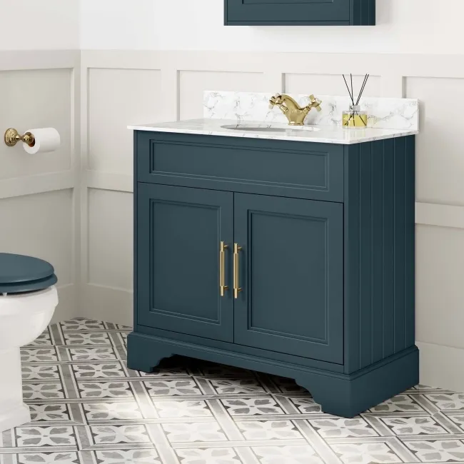 Lucia Inky Blue Vanity with Marble Top & Undermount Basin 830mm - Brass Knurled Handles