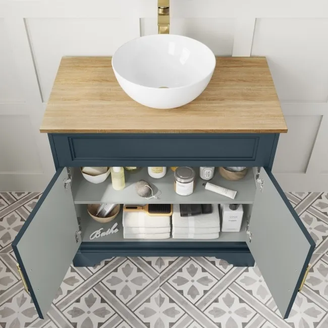 Lucia Inky Blue Vanity with Oak Effect Top & Round Counter Top Basin 840mm - Brass Knurled Handles
