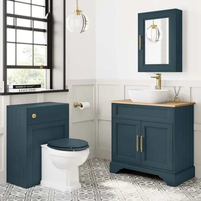Lucia Inky Blue Vanity with Oak Effect Top & Curved Counter Top Basin 840mm - Brass Knurled Handles