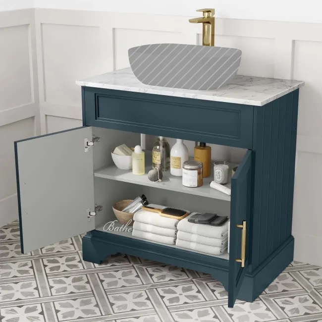 Lucia Inky Blue Cabinet with Marble Top 840mm (Excludes Counter Top Basin) - Brass Knurled Handles