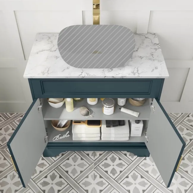 Lucia Inky Blue Cabinet with Marble Top 840mm (Excludes Counter Top Basin) - Brass Knurled Handles