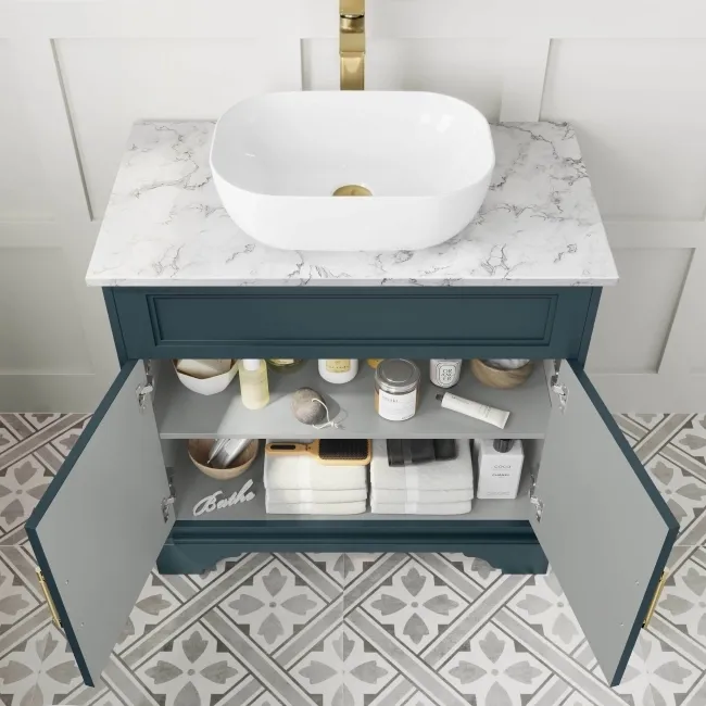 Lucia Inky Blue Vanity with Marble Top & Curved Counter Top Basin 840mm - Brass Knurled Handles