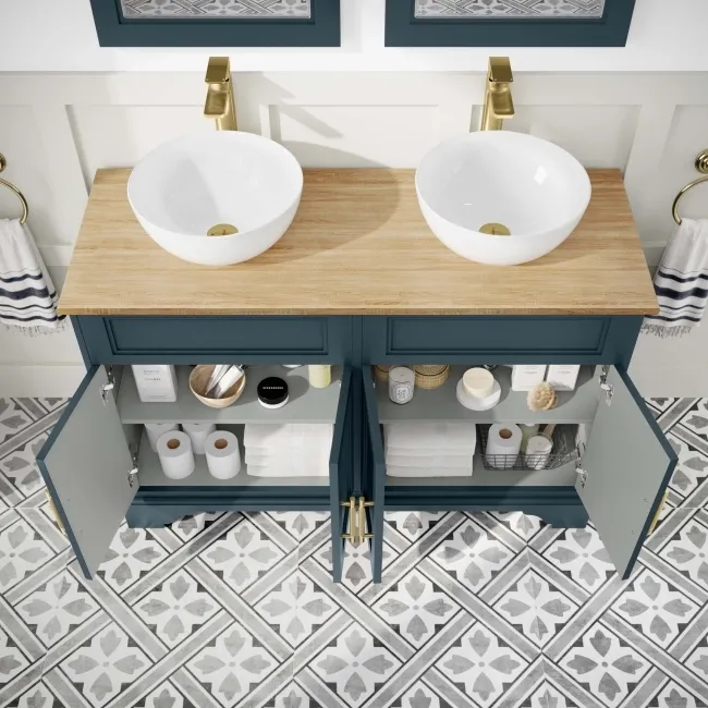 Lucia Inky Blue Double Vanity with Oak Effect Top & Round Counter Top Basin 1200mm - Brass Knurled Handles