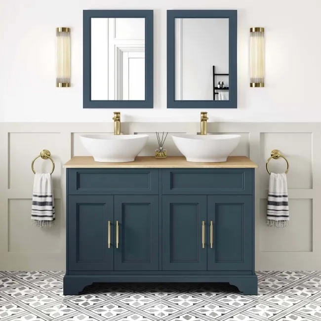 Lucia Inky Blue Double Vanity with Oak Effect Top & Oval Counter Top Basin 1200mm - Brass Knurled Handles