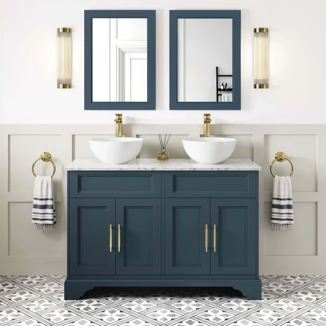 Lucia Inky Blue Double Vanity with Marble Top & Round Counter Top Basin 1200mm - Brass Knurled Handles