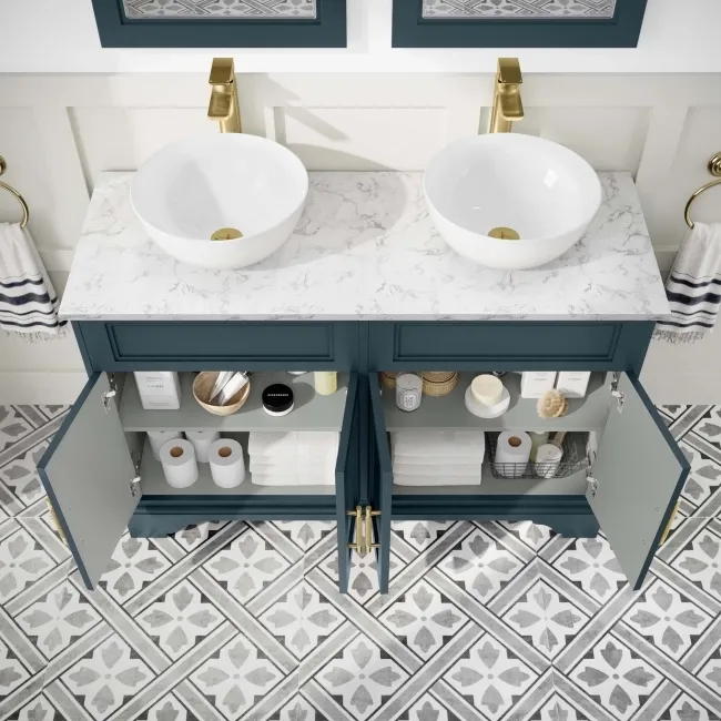 Lucia Inky Blue Double Vanity with Marble Top & Round Counter Top Basin 1200mm - Brass Knurled Handles
