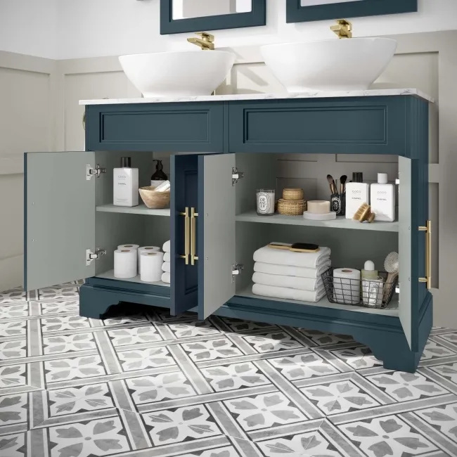 Lucia Inky Blue Double Vanity with Marble Top & Oval Counter Top Basin 1200mm - Brass Knurled Handles