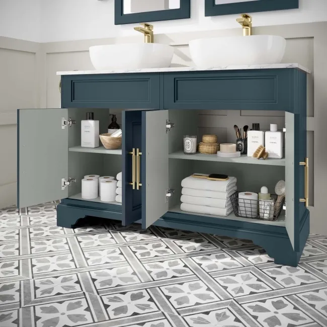 Lucia Inky Blue Double Vanity with Marble Top & Curved Counter Top Basin 1200mm - Brass Knurled Handles