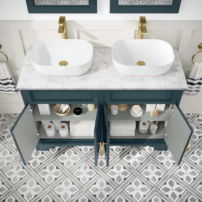 Lucia Inky Blue Double Vanity with Marble Top & Curved Counter Top Basin 1200mm - Brass Knurled Handles