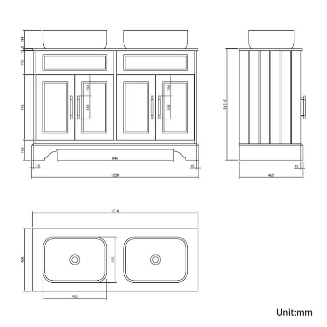 Lucia Inky Blue Double Vanity with Marble Top & Curved Counter Top Basin 1200mm - Brass Knurled Handles