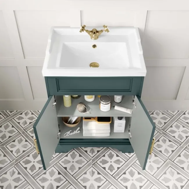 Lucia Midnight Green Basin Vanity 630mm - Brass Knurled Handles