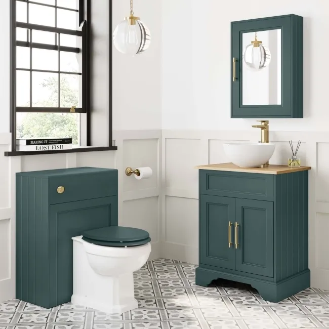 Lucia Midnight Green Vanity with Oak Effect Top & Round Counter Top Basin 640mm - Brass Knurled Handles