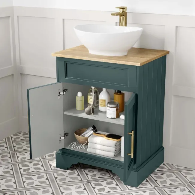 Lucia Midnight Green Vanity with Oak Effect Top & Oval Counter Top Basin 640mm - Brass Knurled Handles