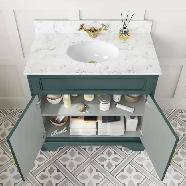 Lucia Midnight Green Vanity with Marble Top & Undermount Basin 830mm - Brass Knurled Handles