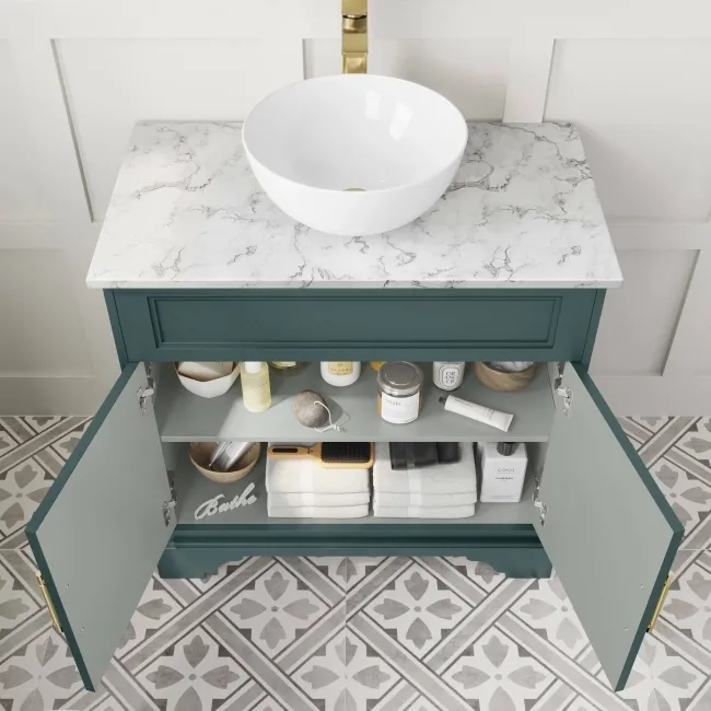 Lucia Midnight Green Vanity with Marble Top & Round Counter Top Basin 840mm - Brass Knurled Handles